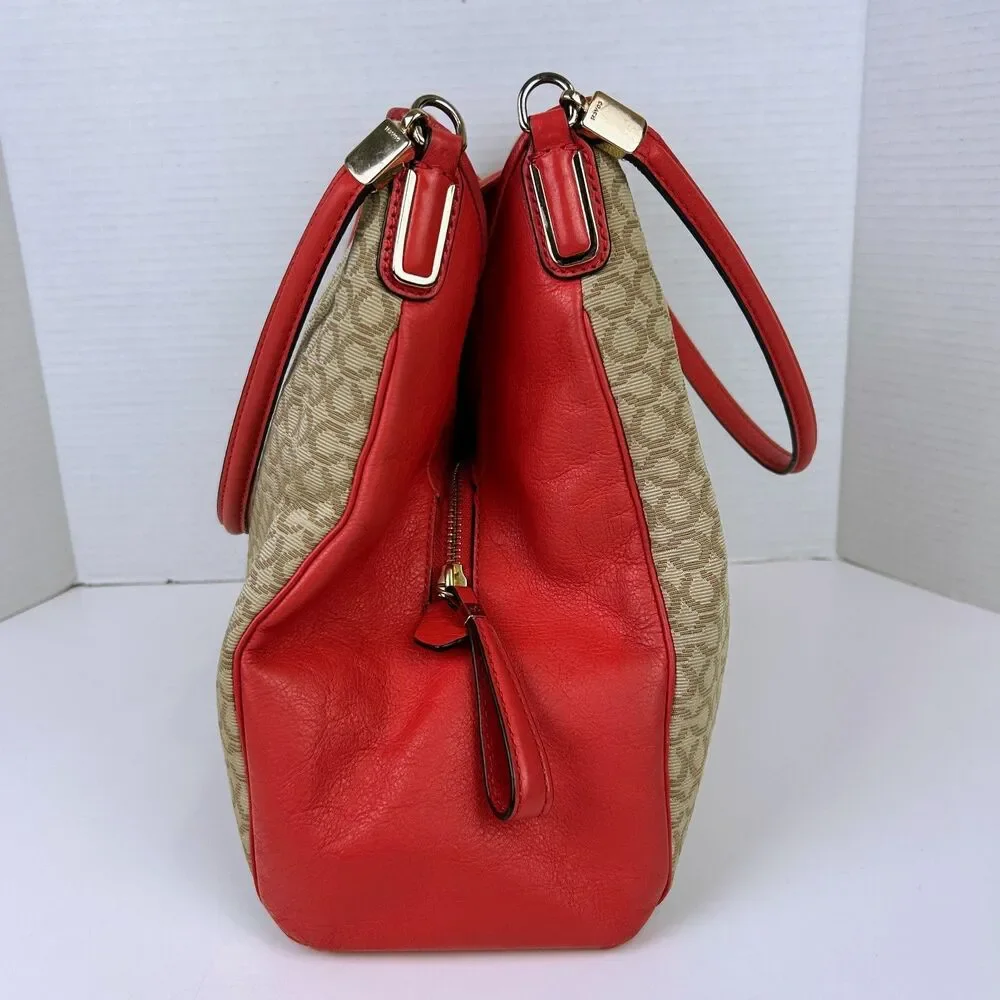 Coach Madison Needlepoint Op Art Shoulder Bag Phoebe Coral Red Monogram Logo